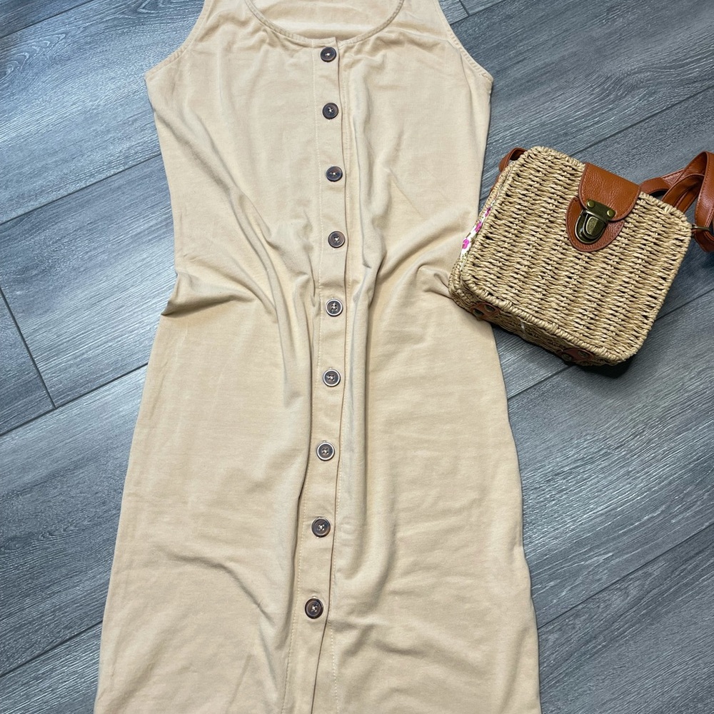 Simple tan dress.
